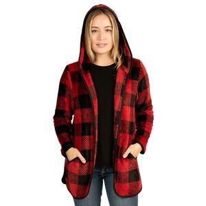 Knapp Studio Medium (est). Hooded Open Front Jacket Red Black Plaid Soft Cozy